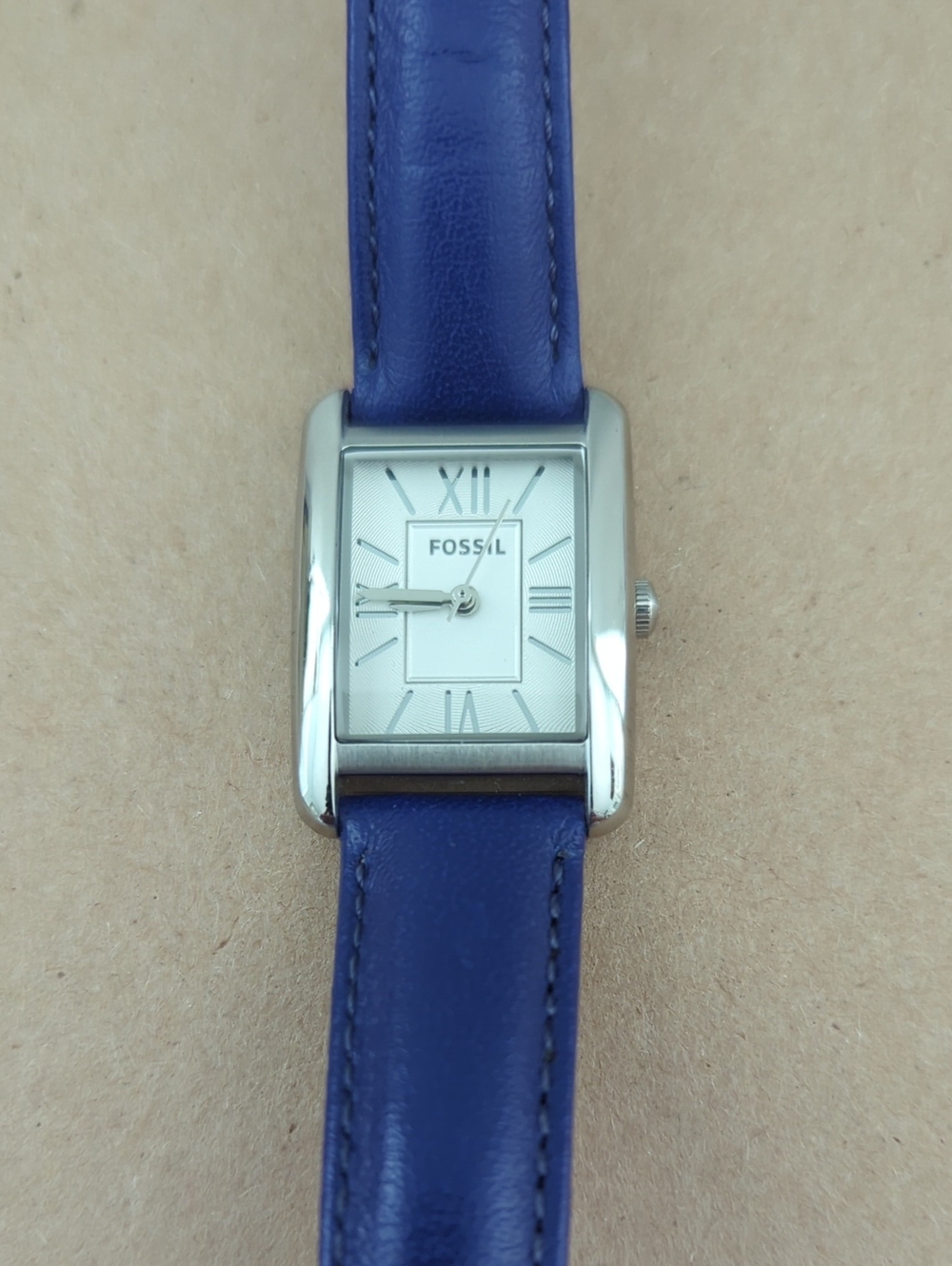 Fossil Women's Silver Rectangle Watch with Blue/Purple Leather Strap